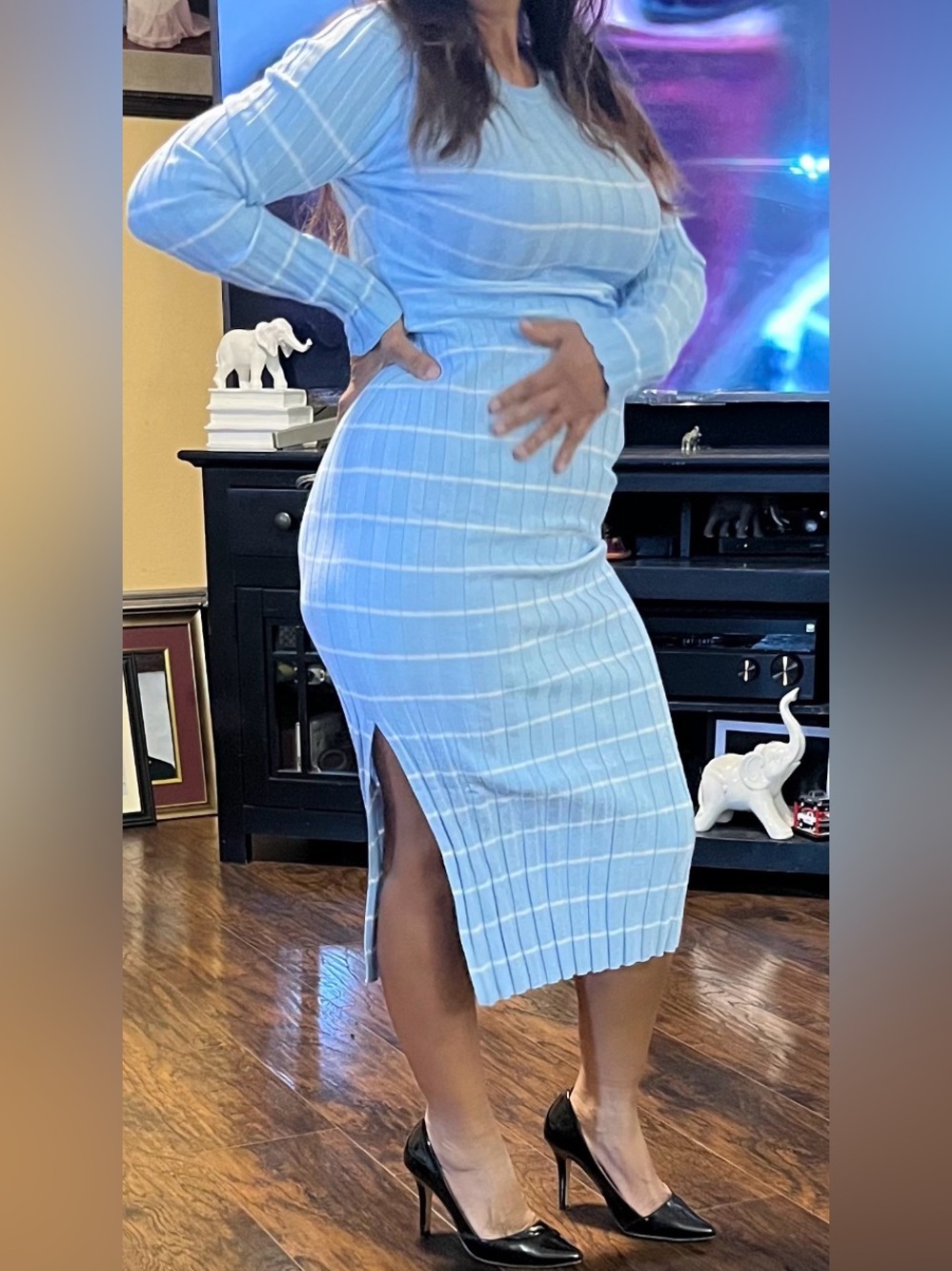 Unbranded Cream Ribbed Midi Dress with Black Stripes size L